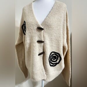 NWT - S Christina - 100% Cashmere Cream Cardigan w/Brown Toggle Buttons, Sz L-XL